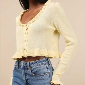 Lulus Impressively Sweet Light Yellow Ruffled Cropped Cardigan Size Large